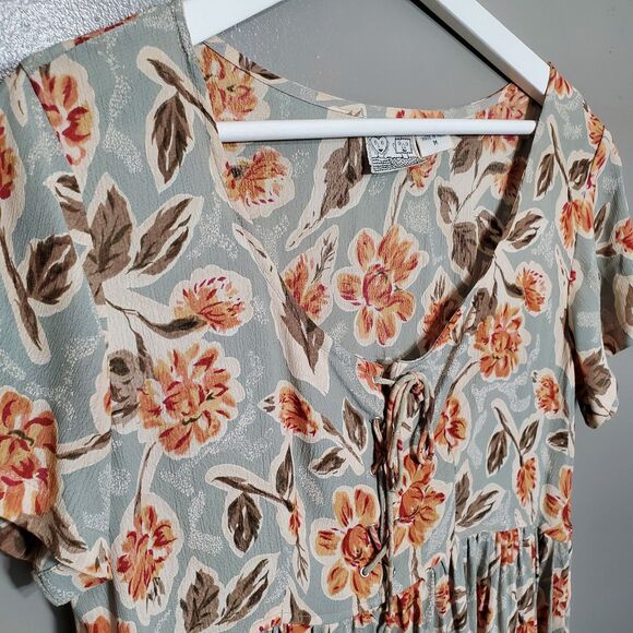 Vintage 90s Dress Womens Size Medium Floral Drop Waist Tie Lace Up Sheer Flowy - Picture 2 of 10
